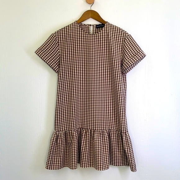 Pretty Little Thing - Gingham Brown & White MIDI Short Sleeve Ruffle Dress SZ 2 - Picture 1 of 8
